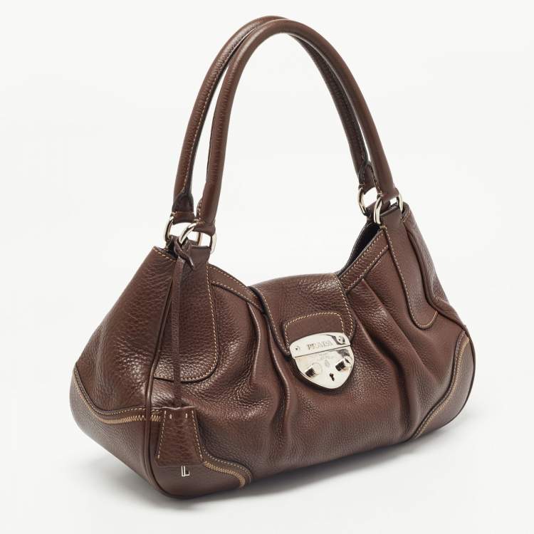 Pre Owned Prada Dark Brown Vitello Daino Leather Pushlock Flap Hobo