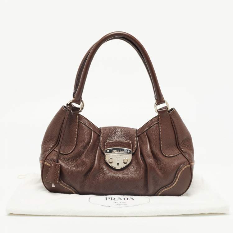 Pre Owned Prada Dark Brown Vitello Daino Leather Pushlock Flap Hobo