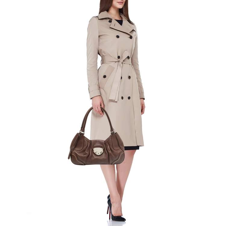 Pre Owned Prada Dark Brown Vitello Daino Leather Pushlock Flap Hobo