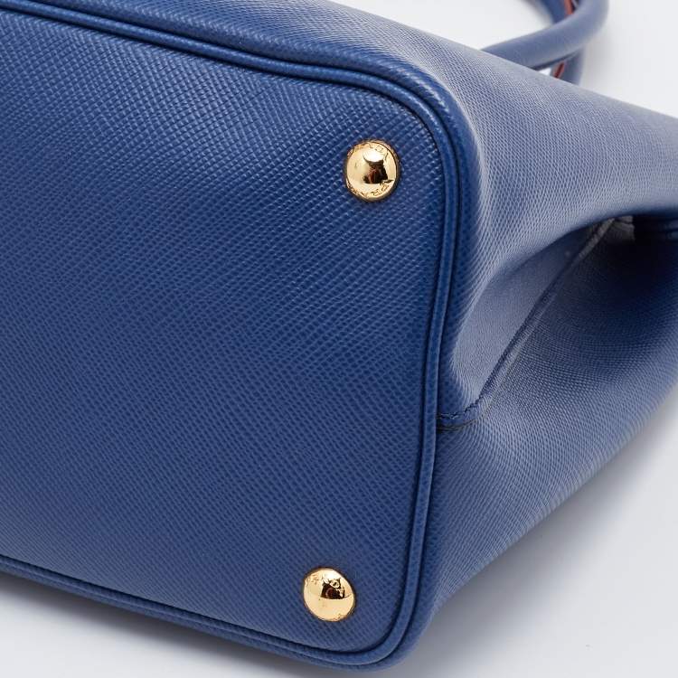 Pre Owned Prada Blue Saffiano Cuir Leather Medium Double Handle Tote
