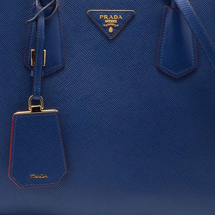 Pre Owned Prada Blue Saffiano Cuir Leather Medium Double Handle Tote