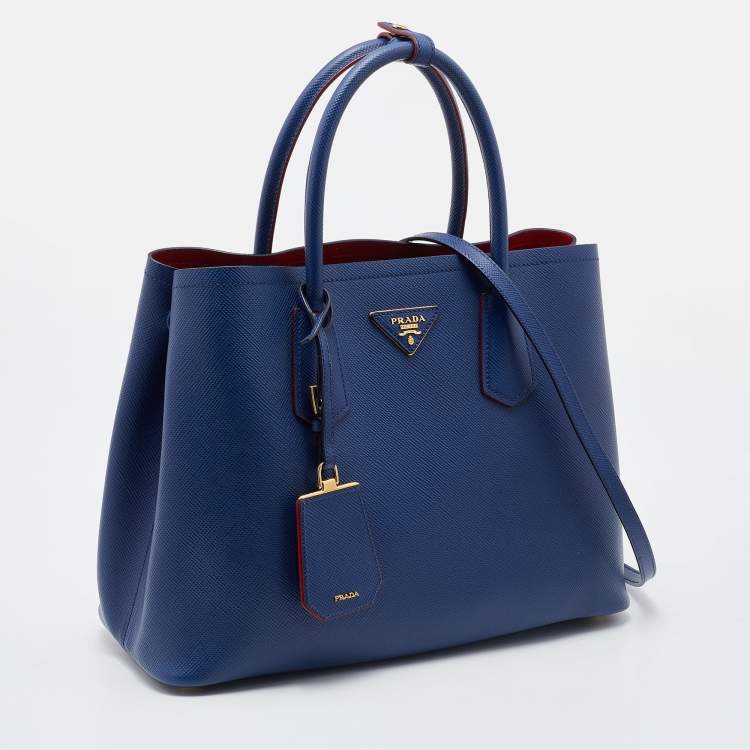 Pre Owned Prada Blue Saffiano Cuir Leather Medium Double Handle Tote