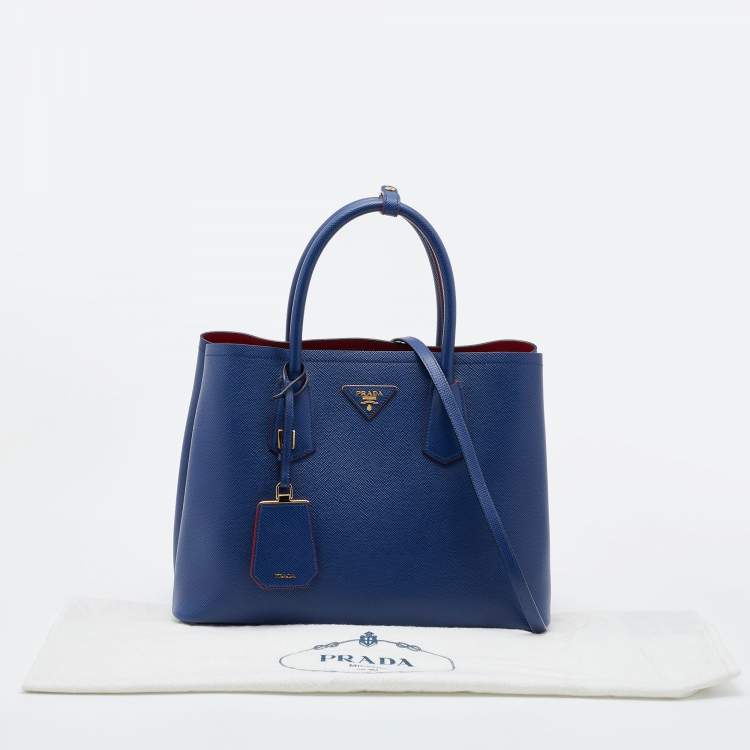 Pre Owned Prada Blue Saffiano Cuir Leather Medium Double Handle Tote