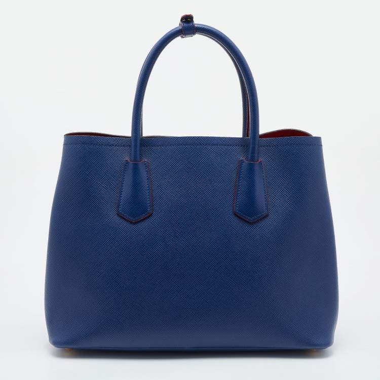 Pre Owned Prada Blue Saffiano Cuir Leather Medium Double Handle Tote