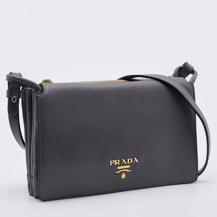 Pre Owned Prada Grey Leather Flap Crossbody Bag