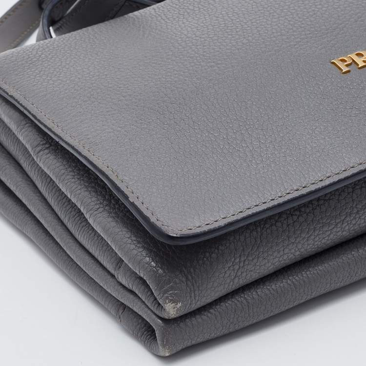 Pre Owned Prada Grey Leather Flap Crossbody Bag