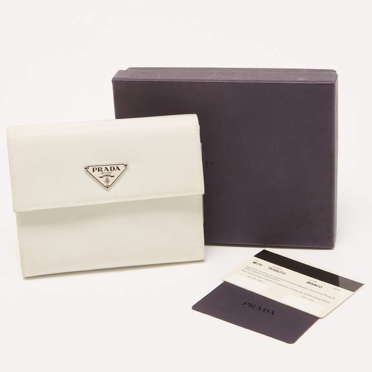 Pre Owned Prada White Nylon Logo Flap Compact Wallet