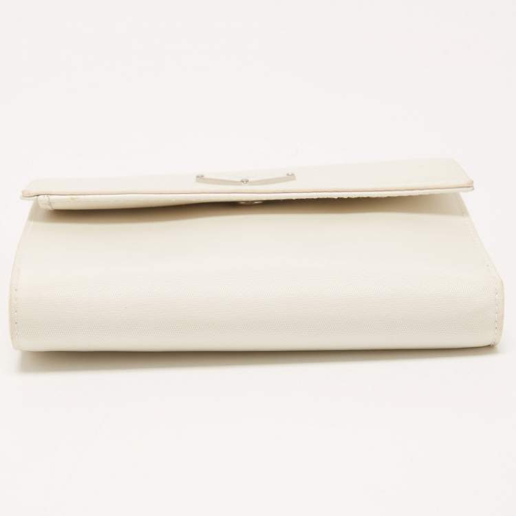 Pre Owned Prada White Nylon Logo Flap Compact Wallet