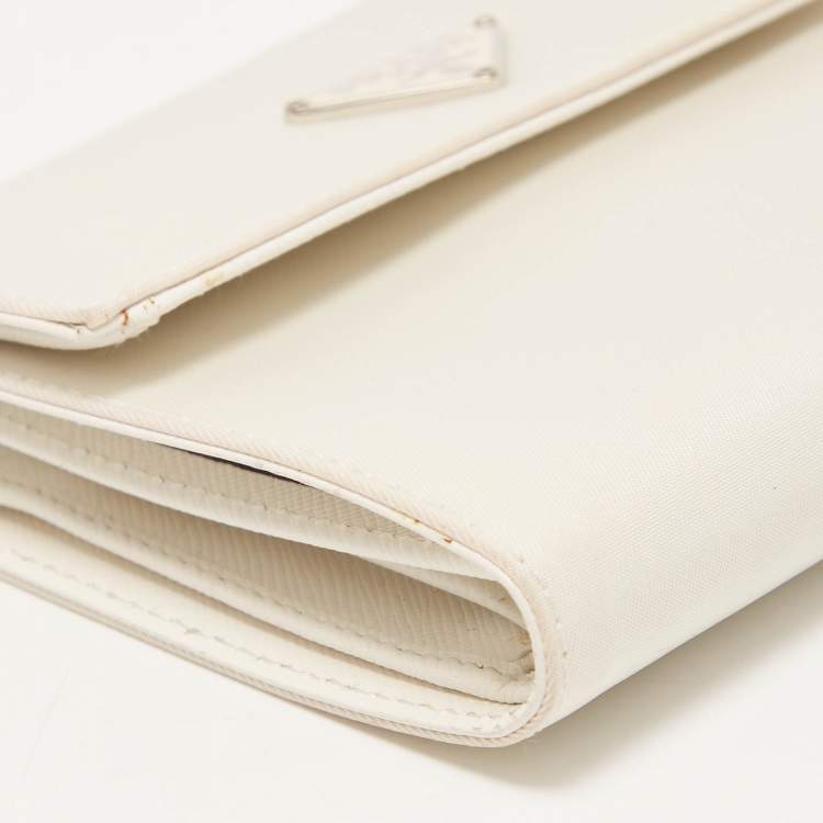 Pre Owned Prada White Nylon Logo Flap Compact Wallet