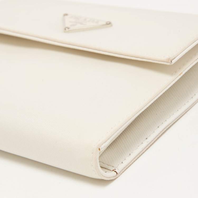 Pre Owned Prada White Nylon Logo Flap Compact Wallet