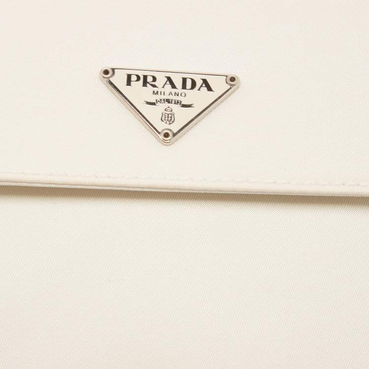 Pre Owned Prada White Nylon Logo Flap Compact Wallet
