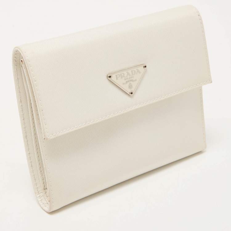 Pre Owned Prada White Nylon Logo Flap Compact Wallet