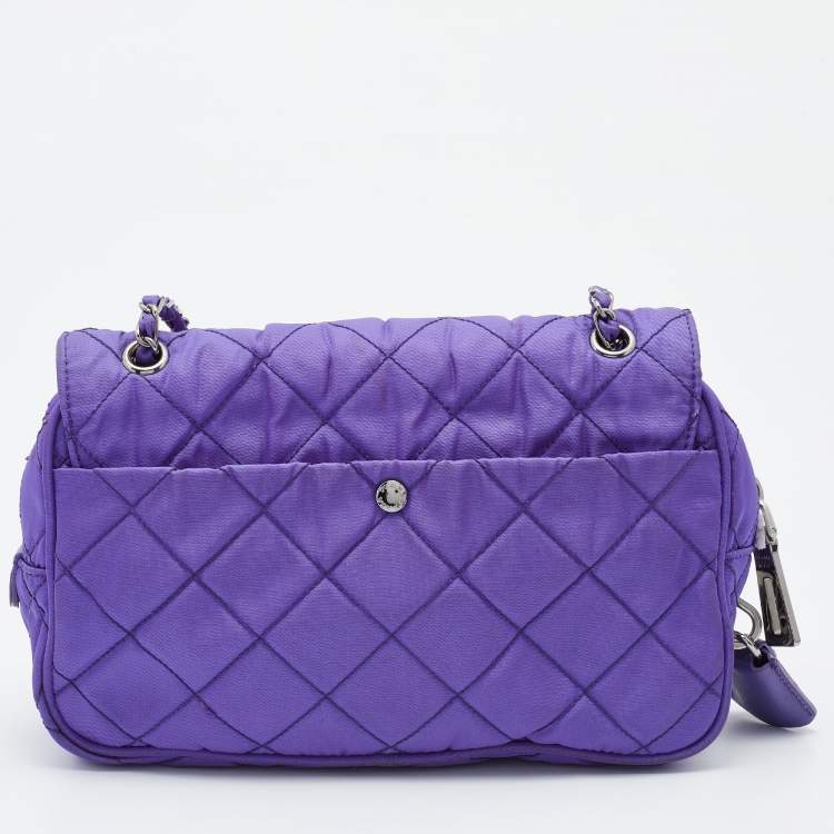 Pre Owned Prada Purple Quilted Nylon Flap Chain Shoulder Bag