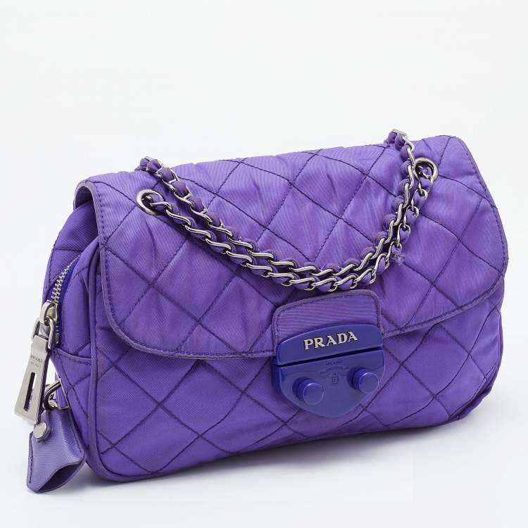 Pre Owned Prada Purple Quilted Nylon Flap Chain Shoulder Bag