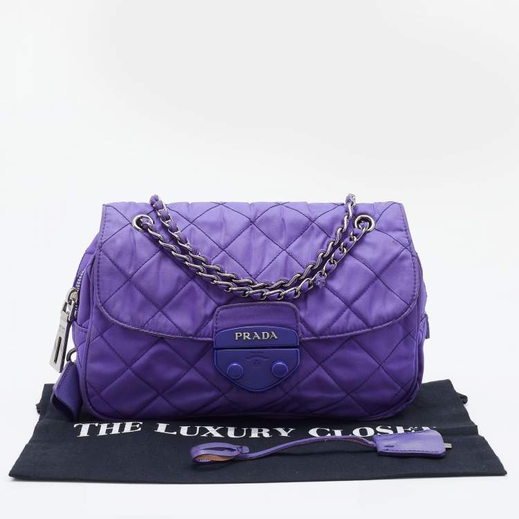 Pre Owned Prada Purple Quilted Nylon Flap Chain Shoulder Bag