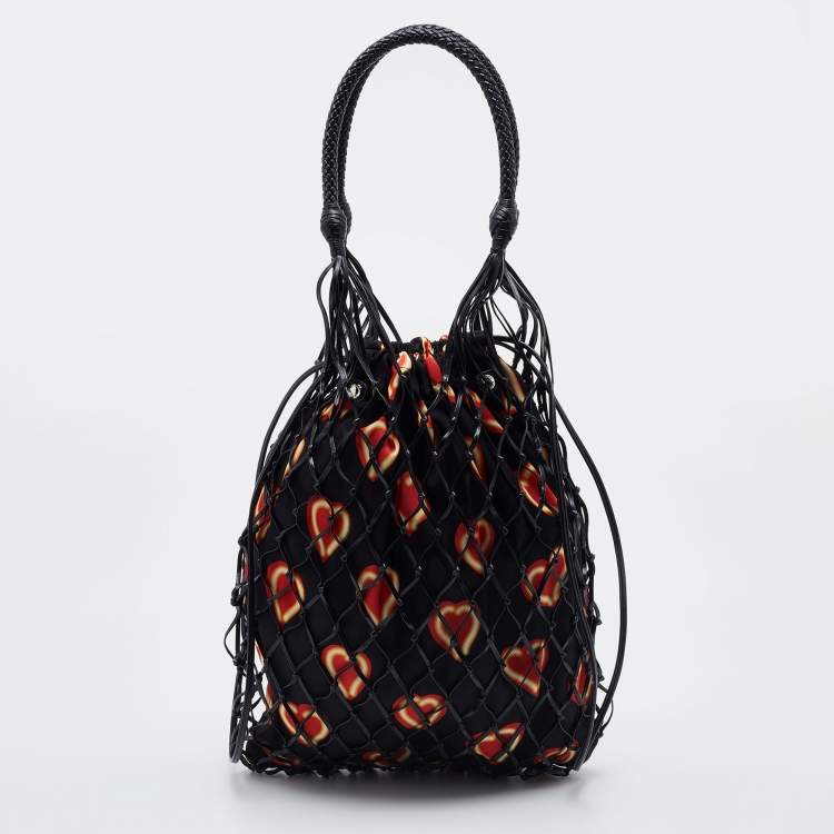 Pre Owned Prada Black Woven Fishnet Leather and Nylon Drawstring Bucket Bag