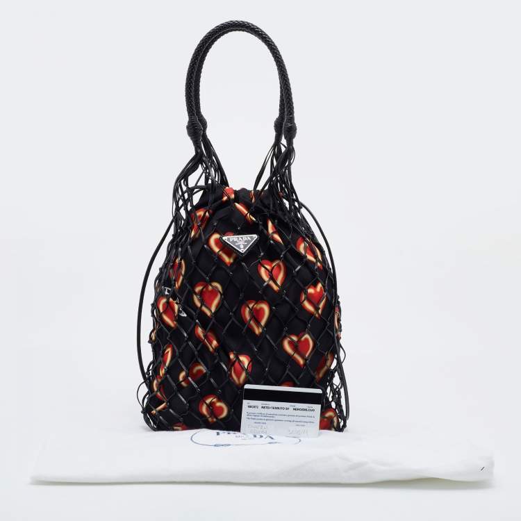 Pre Owned Prada Black Woven Fishnet Leather and Nylon Drawstring Bucket Bag