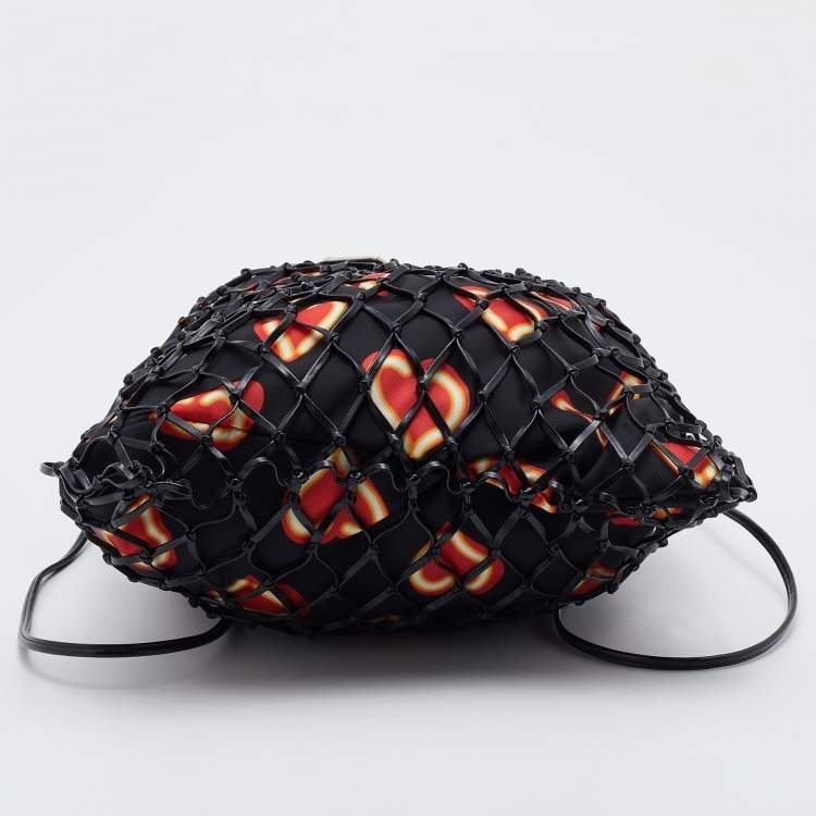 Pre Owned Prada Black Woven Fishnet Leather and Nylon Drawstring Bucket Bag