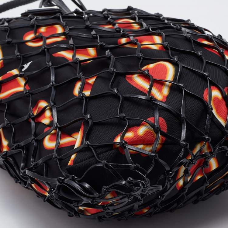 Pre Owned Prada Black Woven Fishnet Leather and Nylon Drawstring Bucket Bag