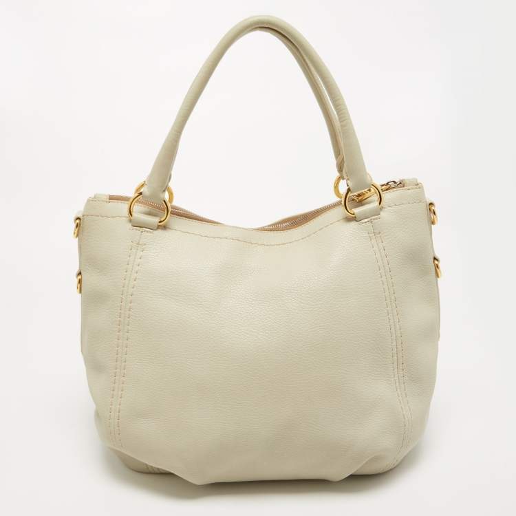 Pre Owned Prada Off White Vitello Daino Leather Zip Hobo