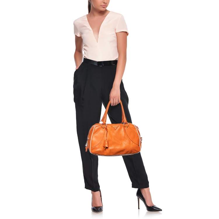 Pre Owned Prada Orange/White Perforated Saffiano Leather Boston Bag