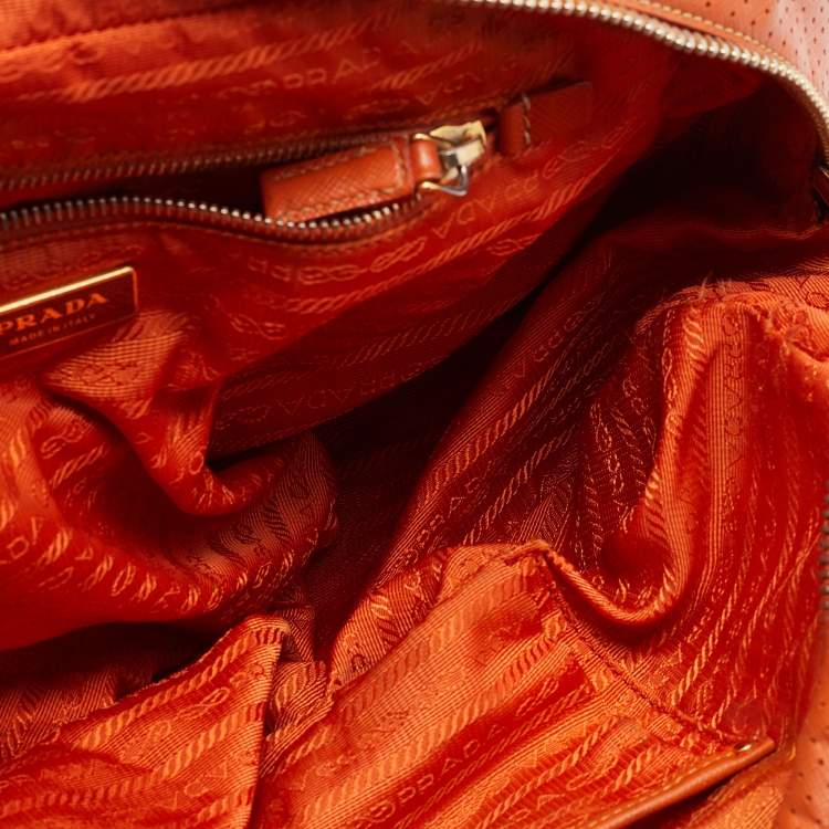 Pre Owned Prada Orange/White Perforated Saffiano Leather Boston Bag
