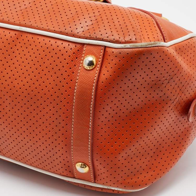 Pre Owned Prada Orange/White Perforated Saffiano Leather Boston Bag