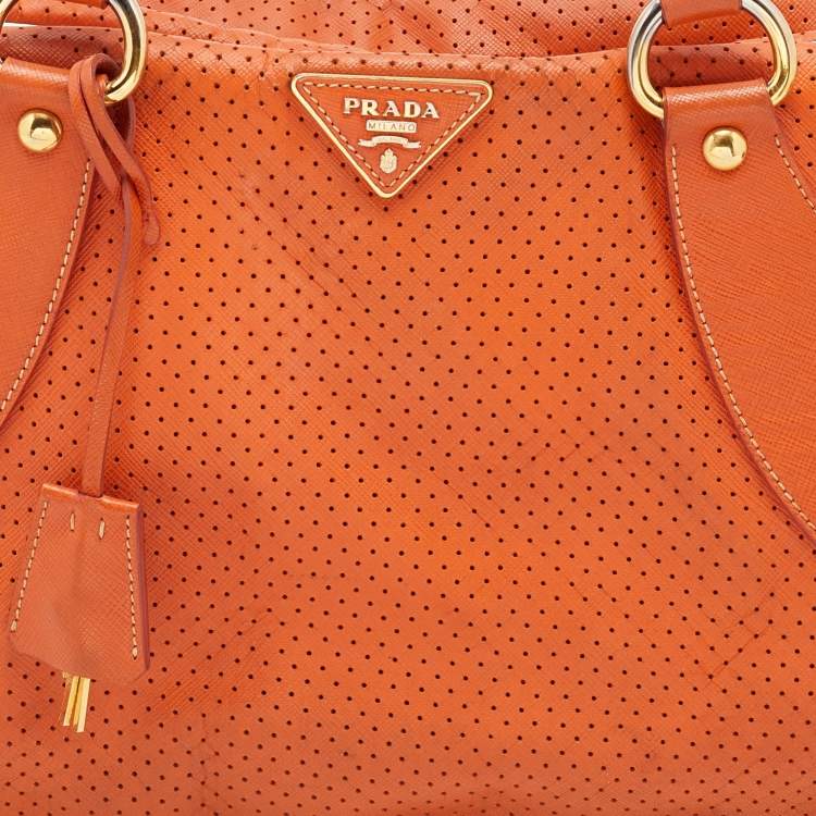 Pre Owned Prada Orange/White Perforated Saffiano Leather Boston Bag
