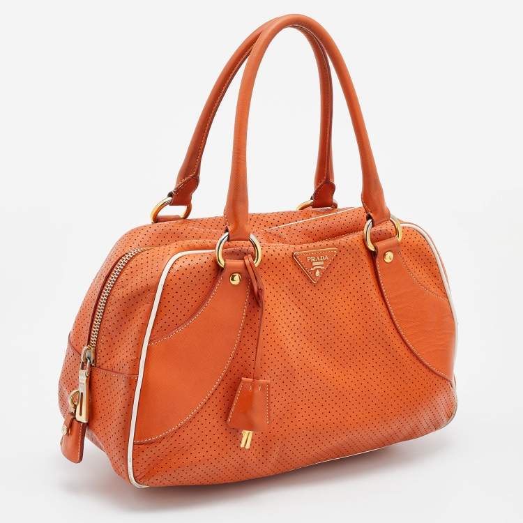Pre Owned Prada Orange/White Perforated Saffiano Leather Boston Bag