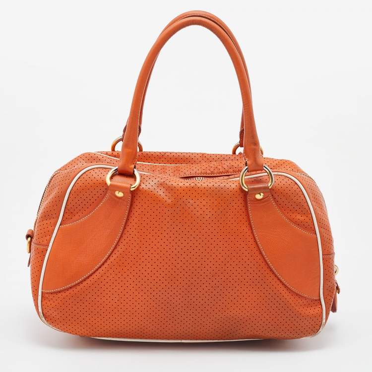 Pre Owned Prada Orange/White Perforated Saffiano Leather Boston Bag