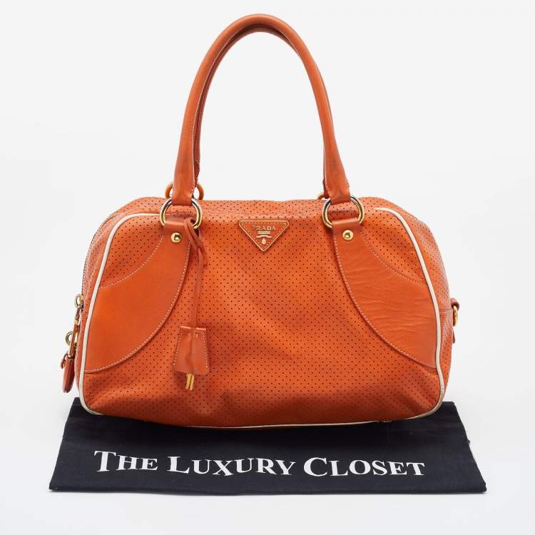 Pre Owned Prada Orange/White Perforated Saffiano Leather Boston Bag