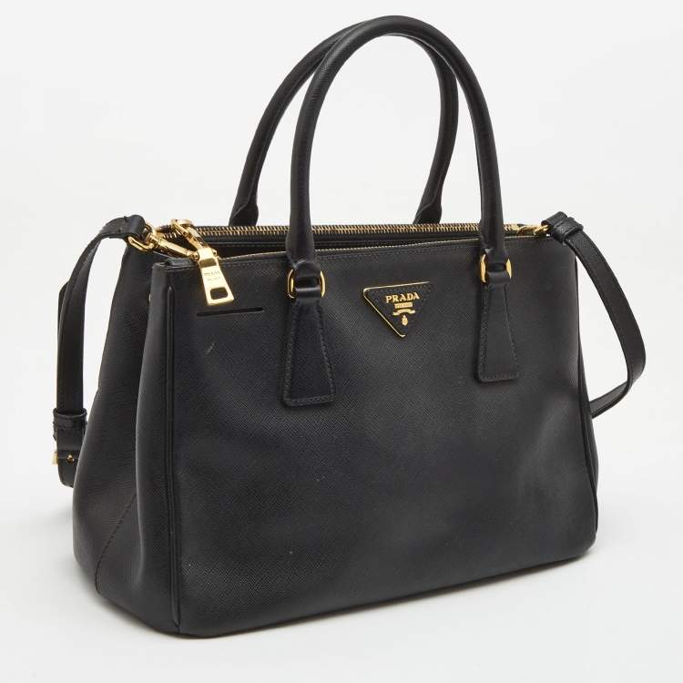 Pre Owned Prada Black Saffiano Lux Leather Small Double Zip Tote