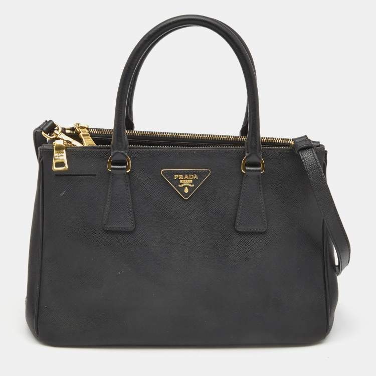Pre Owned Prada Black Saffiano Lux Leather Small Double Zip Tote