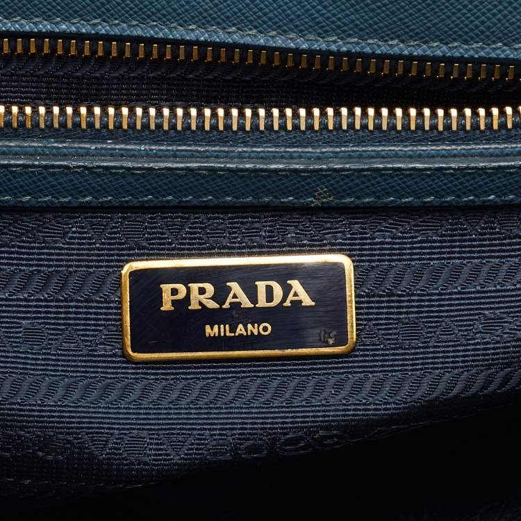 Pre Owned Prada Blue Saffiano Lux Leather Small Double Zip Tote