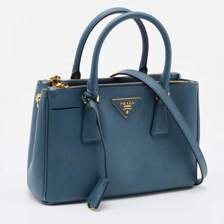 Pre Owned Prada Blue Saffiano Lux Leather Small Double Zip Tote