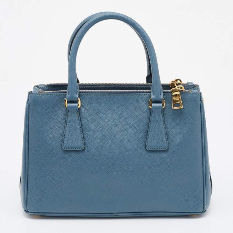 Pre Owned Prada Blue Saffiano Lux Leather Small Double Zip Tote