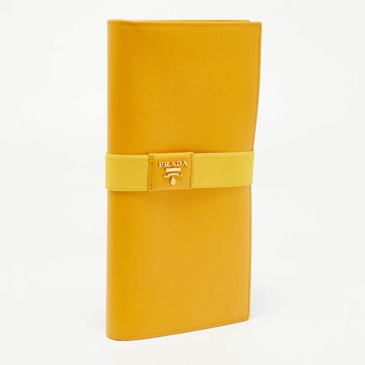 Pre Owned Prada Mustard Saffiano Leather Organizer Zip Clutch