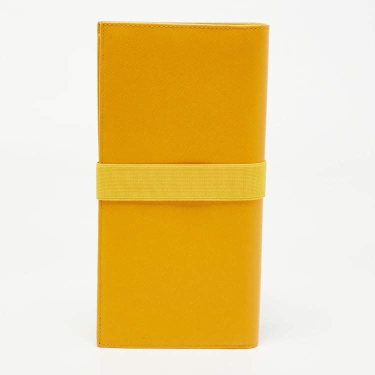 Pre Owned Prada Mustard Saffiano Leather Organizer Zip Clutch