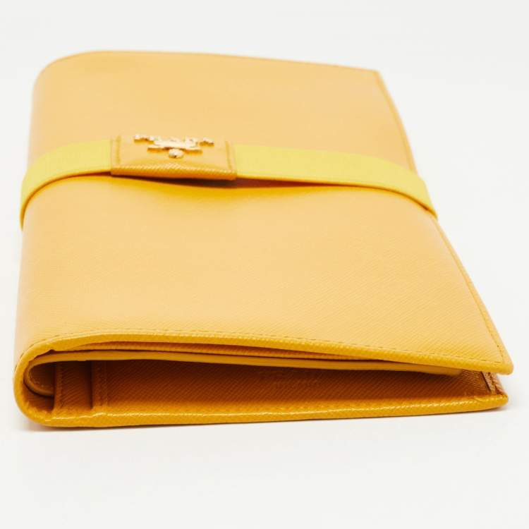 Pre Owned Prada Mustard Saffiano Leather Organizer Zip Clutch