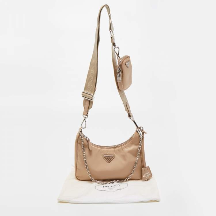 Pre Owned Prada Beige Nylon and Leather Re-Edition 2005 Baguette Bag