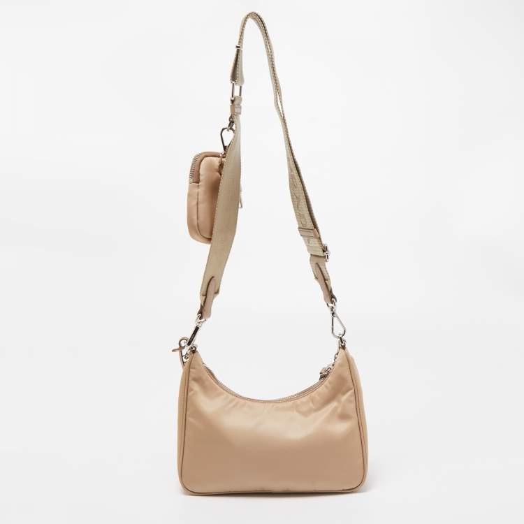 Pre Owned Prada Beige Nylon and Leather Re-Edition 2005 Baguette Bag