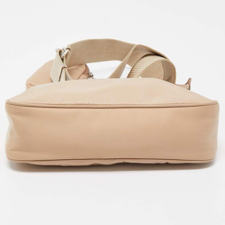 Pre Owned Prada Beige Nylon and Leather Re-Edition 2005 Baguette Bag