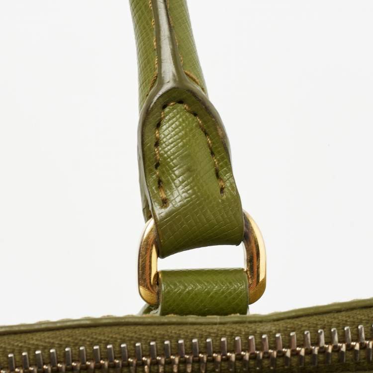 Pre Owned Prada Green Saffiano Lux Leather Small Double Zip Tote