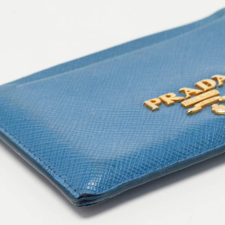 Pre Owned Prada Blue Saffiano Metal Leather Logo Card Holder