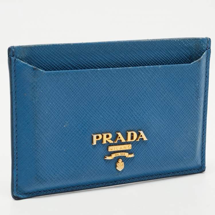 Pre Owned Prada Blue Saffiano Metal Leather Logo Card Holder