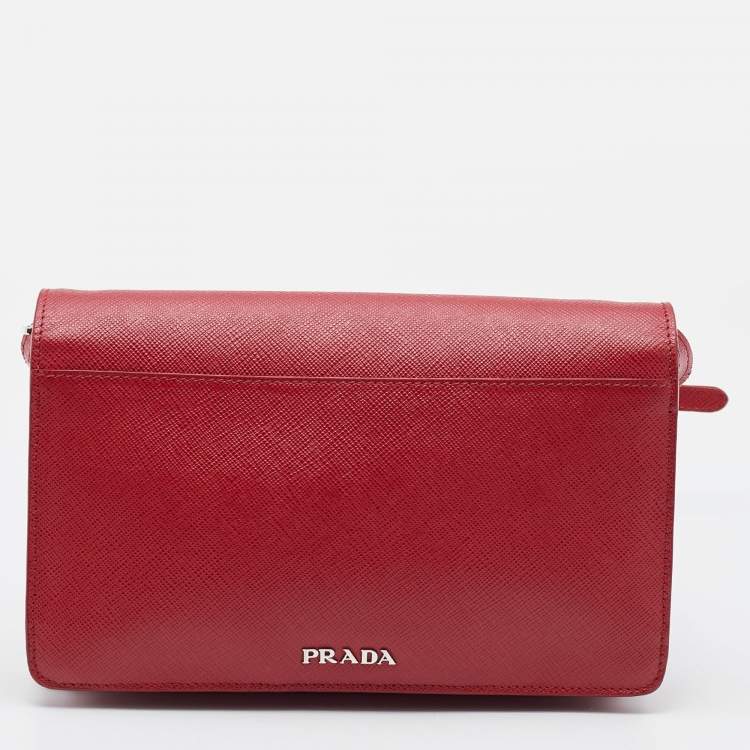 Pre Owned Prada Red Saffiano Leather Double Sided  Flap Crossbody Bag