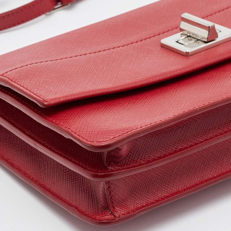 Pre Owned Prada Red Saffiano Leather Double Sided  Flap Crossbody Bag