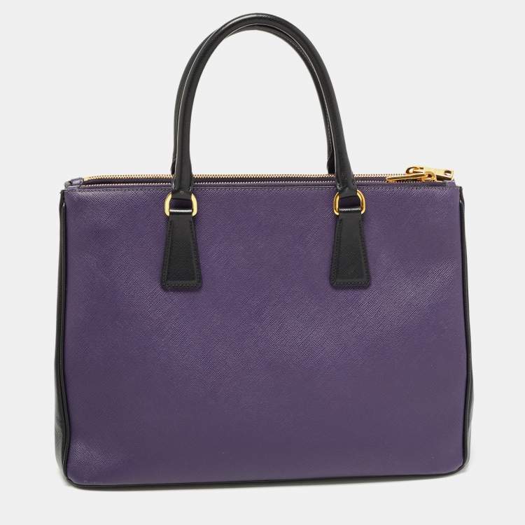 Pre Owned Prada Purple/Black Saffiano Lux Leather Medium Double Zip Tote