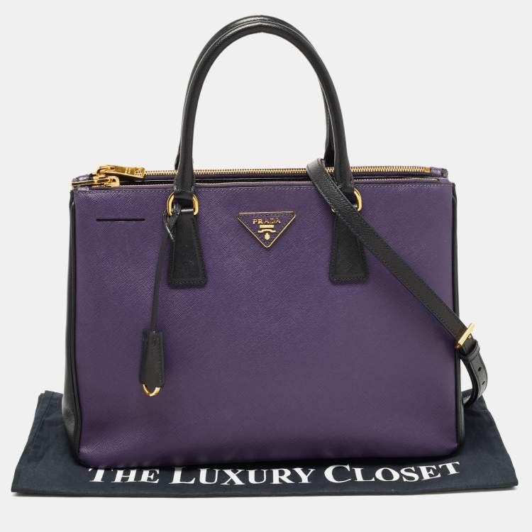 Pre Owned Prada Purple/Black Saffiano Lux Leather Medium Double Zip Tote