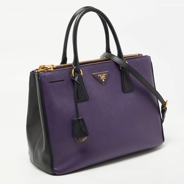Pre Owned Prada Purple/Black Saffiano Lux Leather Medium Double Zip Tote